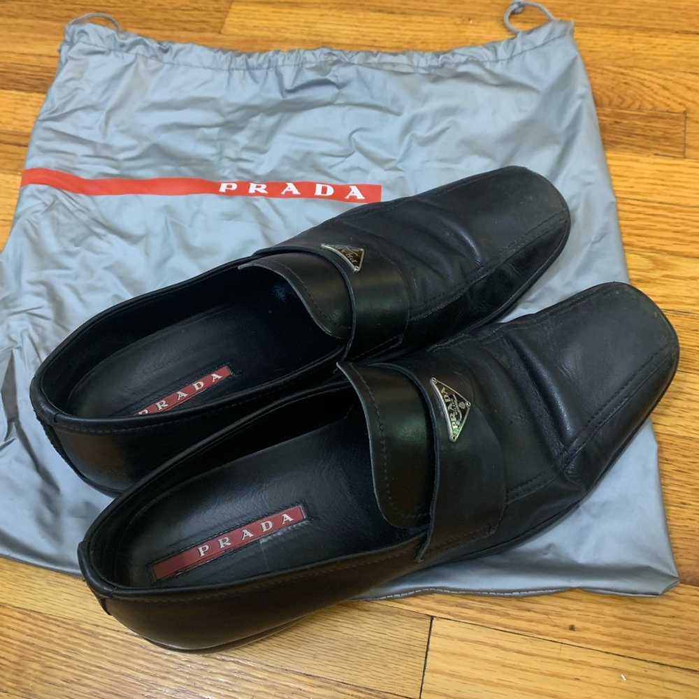 Prada sport leather loafer black 8.5 red stripe